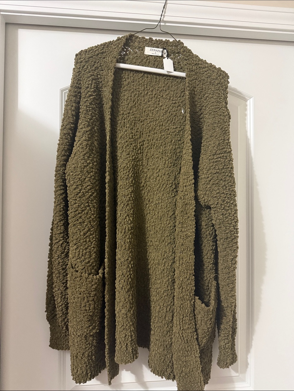 Zenana Olive Green Open-Front Plush Cardigan Sweater- NWT